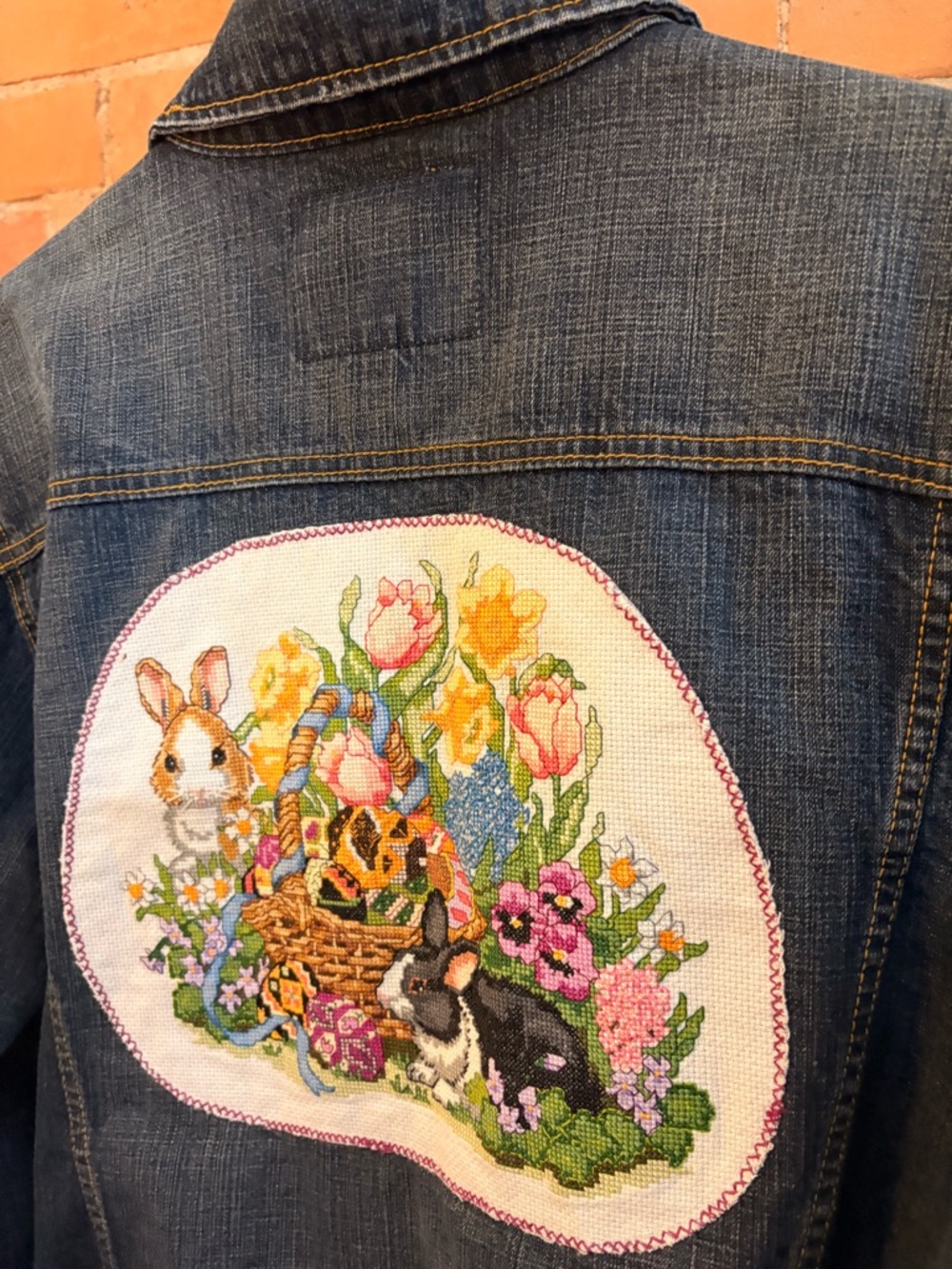 BONGO Blue Denim Jacket Women’s XL with Colorful Floral Bunny Embroidery